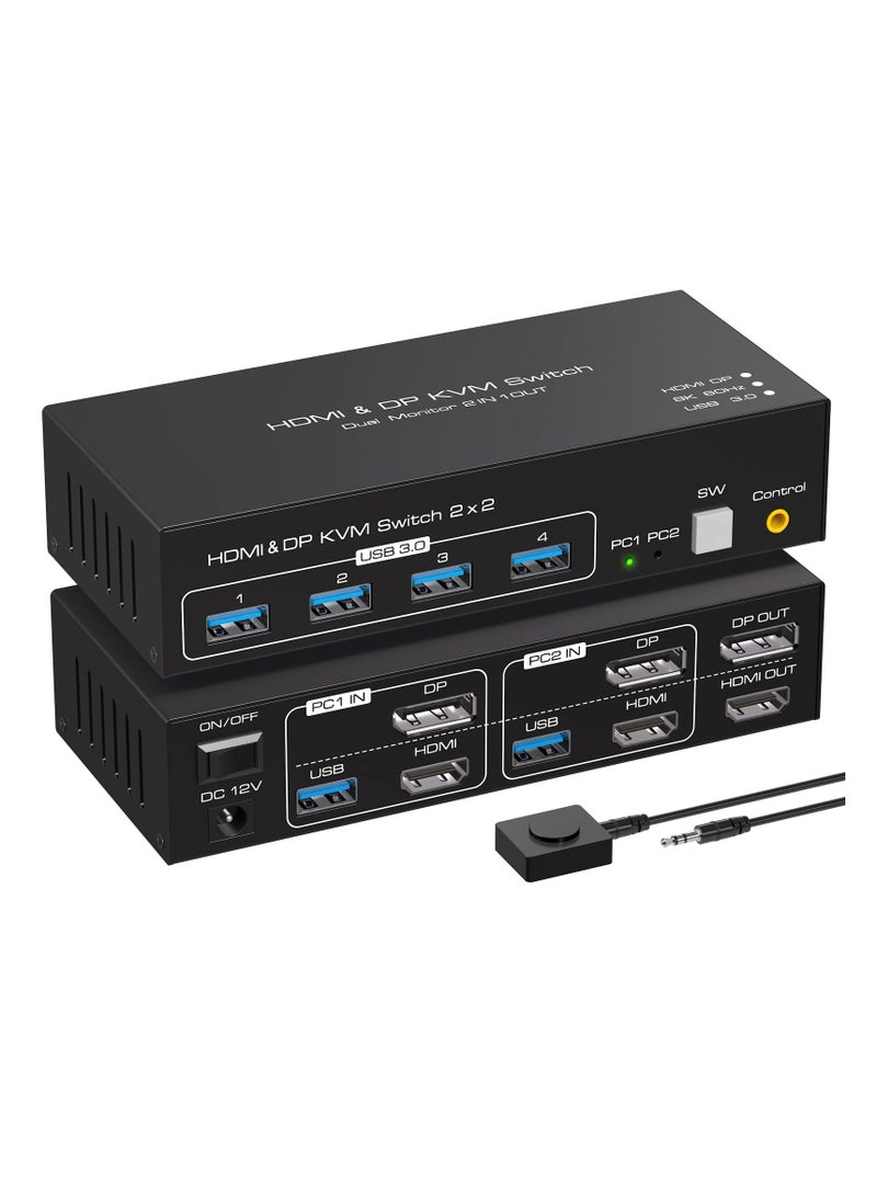مفتاح KVM بمنفذ HDMI+Displayport بدقة 8K@60Hz وشاشتين وجهاز كمبيوتر ومفتاح KVM بمنفذ USB 3.0 وشاشتين وجهازين كمبيوتر ومشاركات متعددة للشاشات و4 أجهزة USB ووحدة تحكم سلكية ومحول تيار مستمر وكبلين USB متضمنين - Image 1
